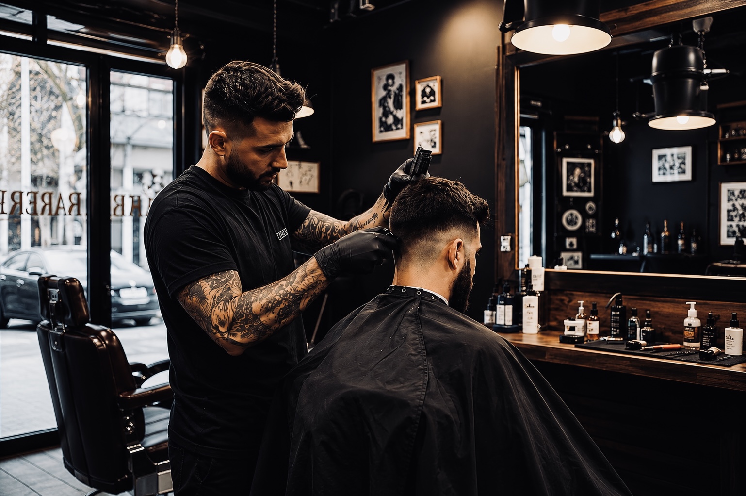 Barber cutting hair in a modern barbershop